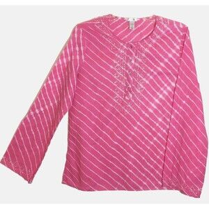 OLD NAVY M 100% Cotton AB Sequin Rhinestone Button Pink Henley Tunic Top Blouse